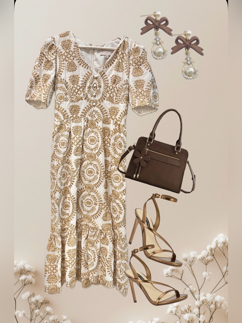 Adelyn Rae  Midi white Dress with gold Floral Embroidery